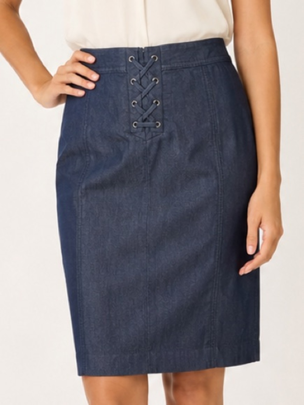 Talbots Dark Indigo Stretch Denim Lace-Up Pencil Skirt Size 4